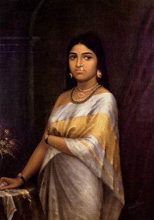 Kerala Royal Lady (Arjunas Cosmic Glimpse) by Raja Ravi Varma, Print Oil Figurative Painting on Canvas, X-Small Vertical Wall Art