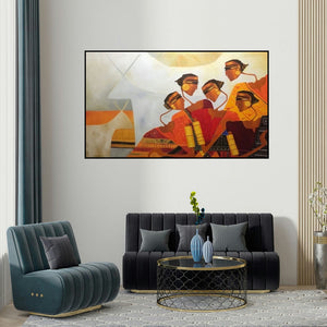 Bharti Prajapati's 'Kesariya (Women in Conversation)' painting visualized above a sofa in a contemporary room.