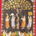 Religious pichwai traditional art titled 'Khejri Pujan Pichwai', 31x51 inches, by artist Pichwai Art on Cloth