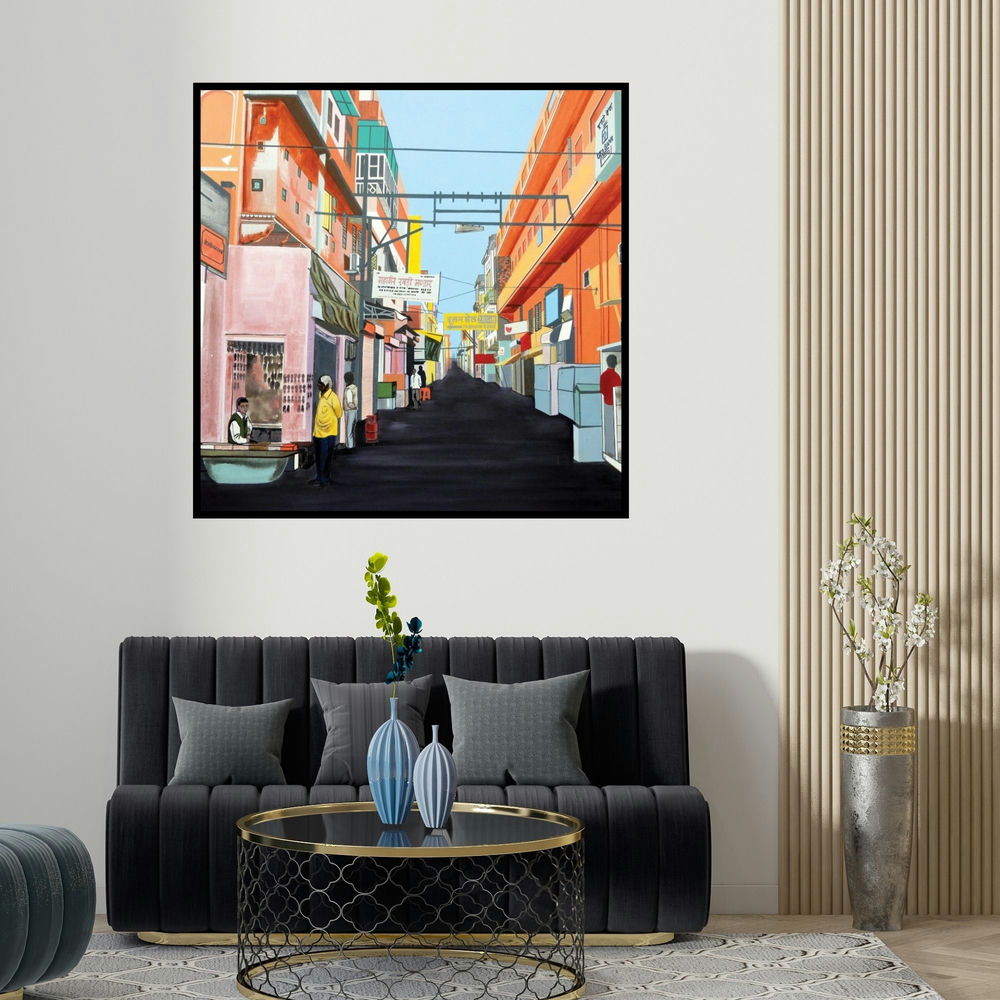 Ajay Mishra's 'Khejron Ka Rasta (Mahavir Rabri Bhandar)' painting visualized above a sofa in a contemporary room.