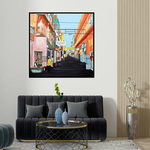 Ajay Mishra's 'Khejron Ka Rasta (Mahavir Rabri Bhandar)' painting visualized above a sofa in a contemporary room.