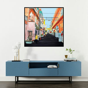 'Khejron Ka Rasta (Mahavir Rabri Bhandar)' painting by Ajay Mishra shown on a wall in a furnished room.