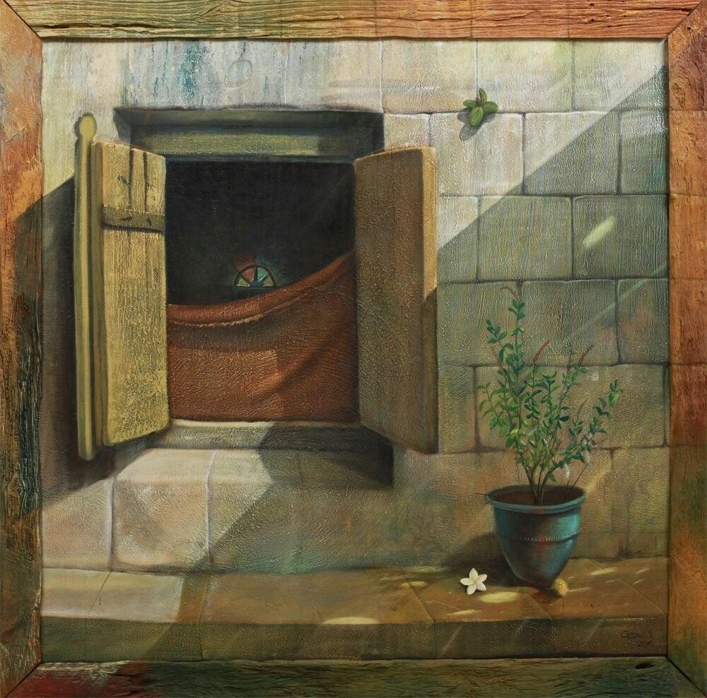 Cityscape acrylic painting titled 'Khidki', 60x60 inches, by artist Gopal Pardeshi on Canvas