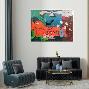 Mohd Majeed Mansoori's 'Khilona X2022 (A Dreamlike Still Life)' painting visualized above a sofa in a contemporary room.