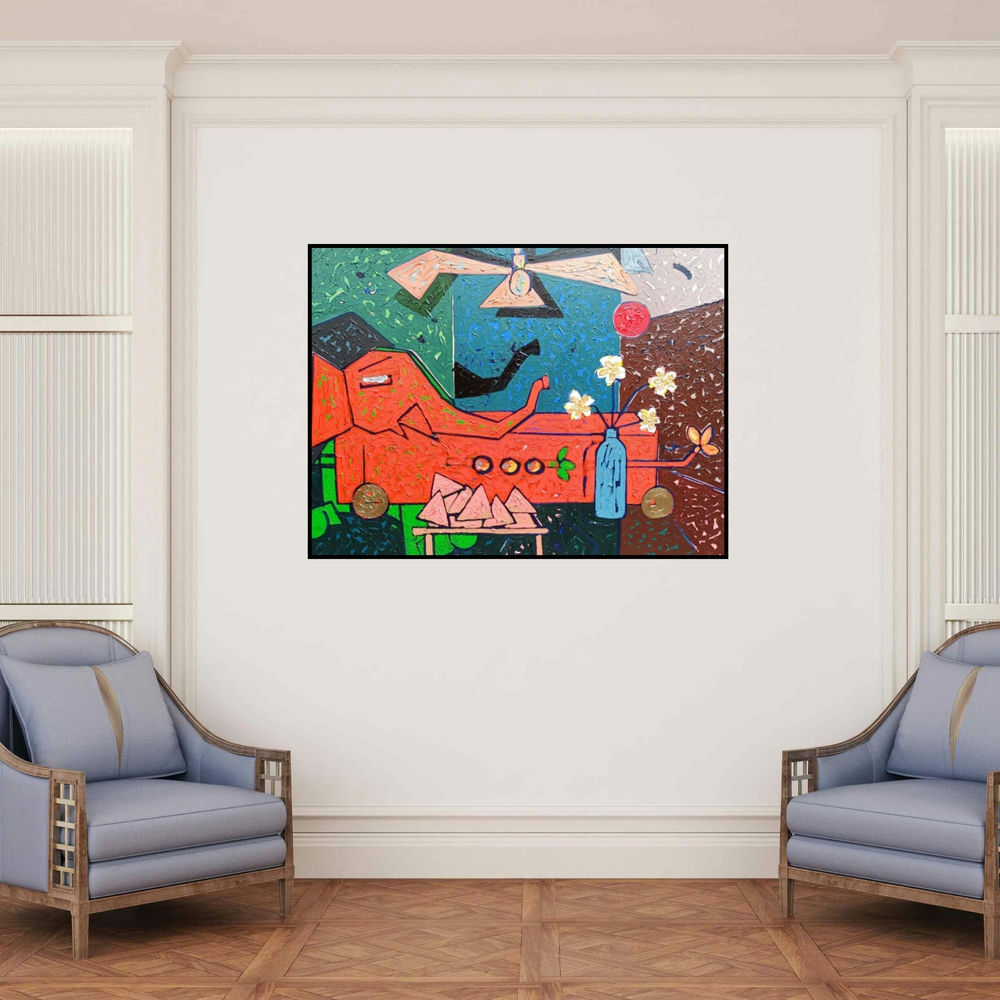 'Khilona X2022 (A Dreamlike Still Life)' painting by Mohd Majeed Mansoori shown on a wall in a furnished room.