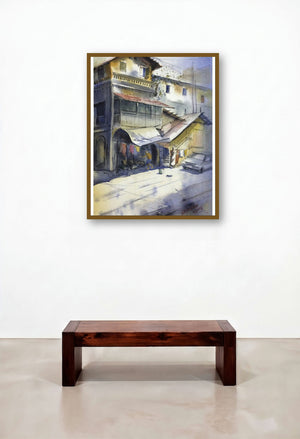 Khotachi Wadi (Urban Abode: A Glimpse of City Life) by artist Sourabh Nema displayed in a Mid-Century Modern Reception Area