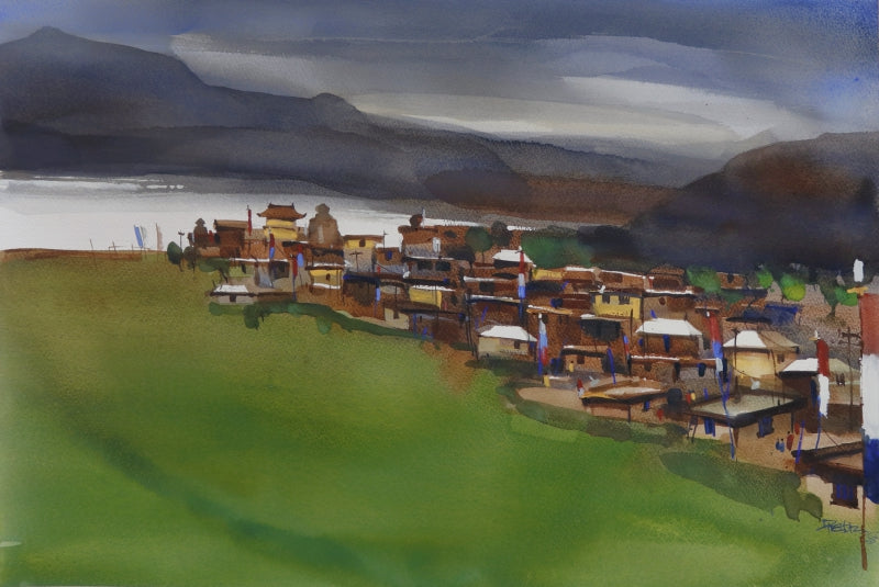 Kibber Tiny Village In Valley' landscape watercolor painting by artist Prashant Prabhu, 22x30 inch, on paper