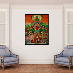In-situ view of Rejeesh Sarovar's 'Kim Purushan The Lord Of Land Deities (Theyyam)' painting in a room