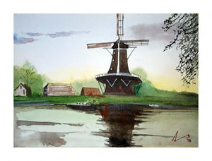 Kinderdijk The Netherlands (Tranquil Waters) by Arunava Ray, Original Watercolor Cityscape Painting on Paper, X-Small Horizontal Wall Art