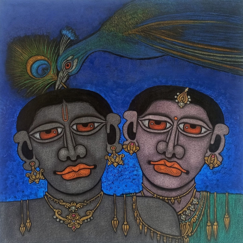 Kindred 1' figurative mixed-media painting by artist M Raja, 36x36 inch, on linen