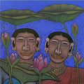 Kindred 3' figurative mixed-media painting by artist M Raja, 36x36 inch, on linen