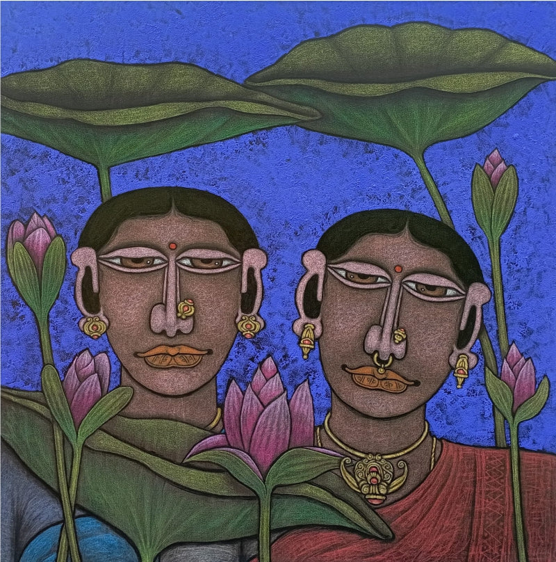 Kindred 3' figurative mixed-media painting by artist M Raja, 36x36 inch, on linen
