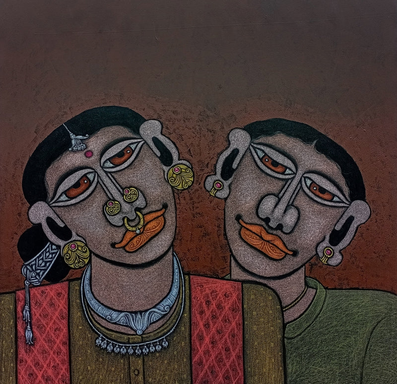 Kindred 7' figurative mixed-media painting by artist M Raja, 36x36 inch, on linen