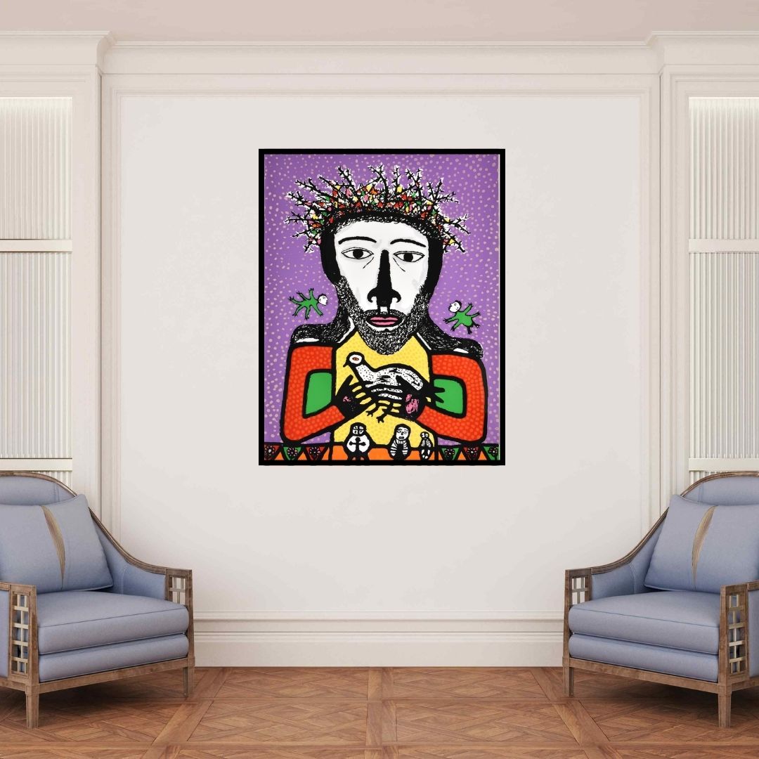 In-situ view of Madhvi Parekh's 'King Of Kings (Christ with Dove)' painting in a room