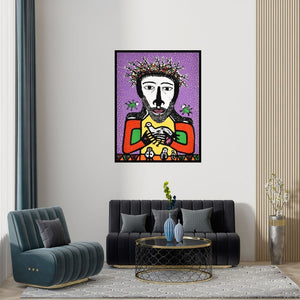Preview of 'King Of Kings (Christ with Dove)' Painting by Madhvi Parekh shown on a wall in a furnished room.