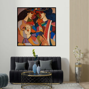 Avinash Deshmukh's 'King Queen 3' painting visualized above a sofa in a contemporary room.