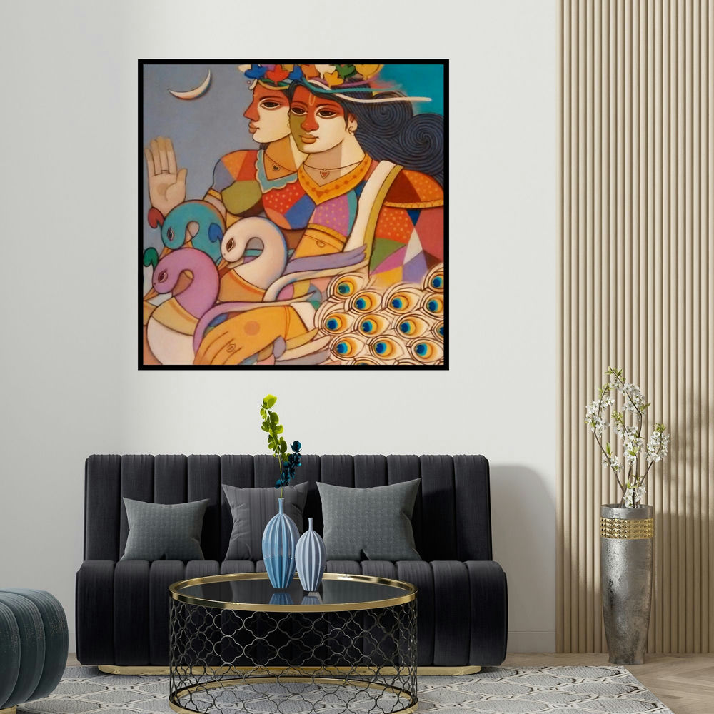 Avinash Deshmukh's 'King Queen 5 (Celestial Embrace)' painting visualized above a sofa in a contemporary room.