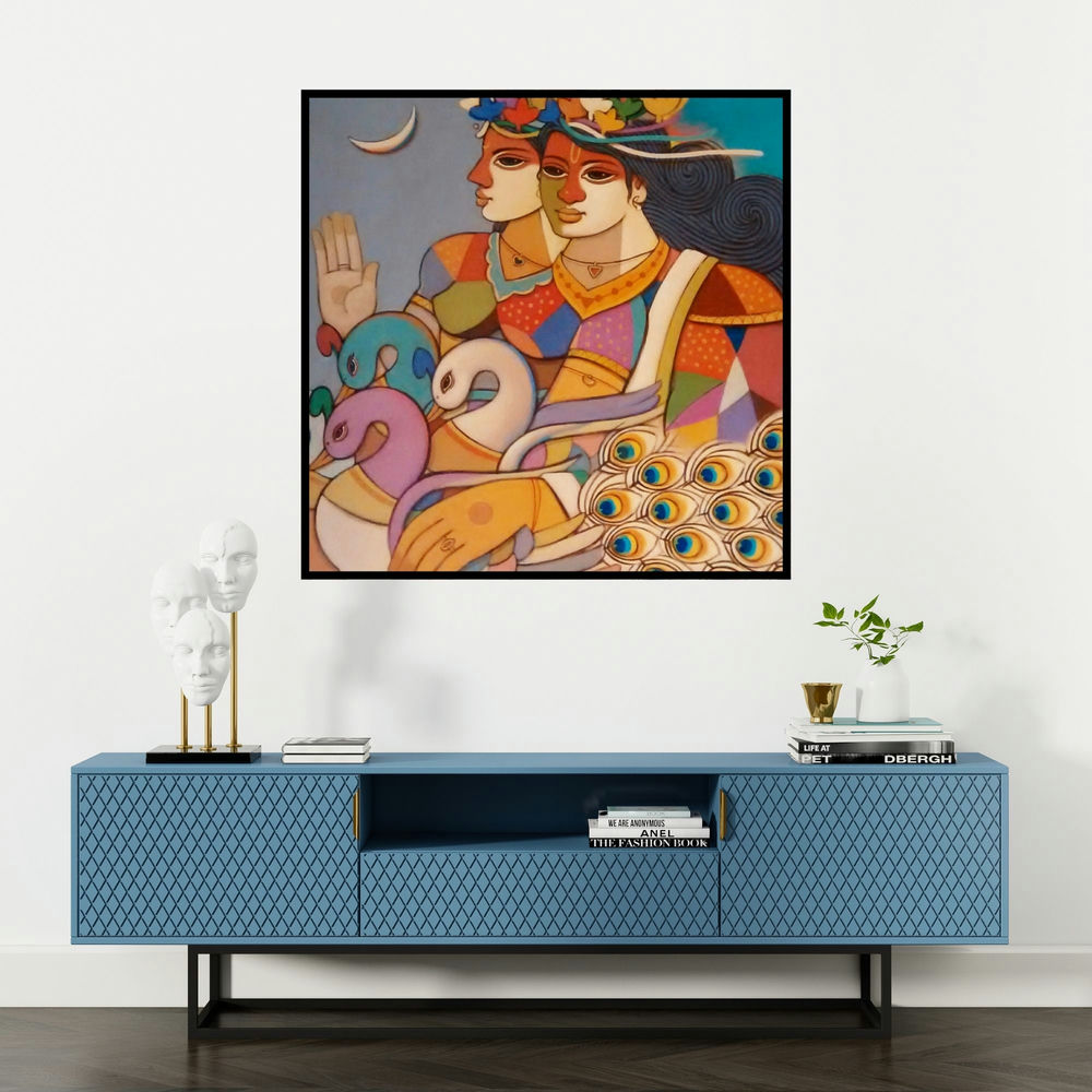 'King Queen 5 (Celestial Embrace)' painting by Avinash Deshmukh shown on a wall in a furnished room.