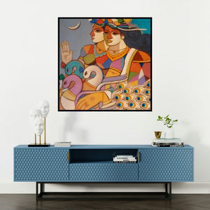 'King Queen 5 (Celestial Embrace)' painting by Avinash Deshmukh shown on a wall in a furnished room.