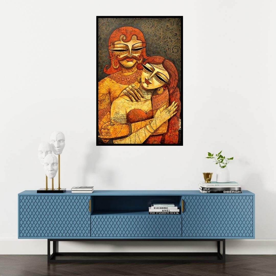 Preview of 'King Queen Ii (Royal Embrace)' Painting by Devirani Dasgupta shown on a wall in a furnished room.