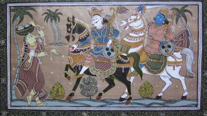Procession (A Royal Journey: Depiction on Tasar Cloth) by Pradeep Swain, Original Fabric Folk Art Painting on Cloth, Small Horizontal Wall Art