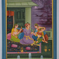 Figurative mughal traditional art titled 'King Surrounded With Queens In Palace', 12x9 inches, by artist Unknown on Silk