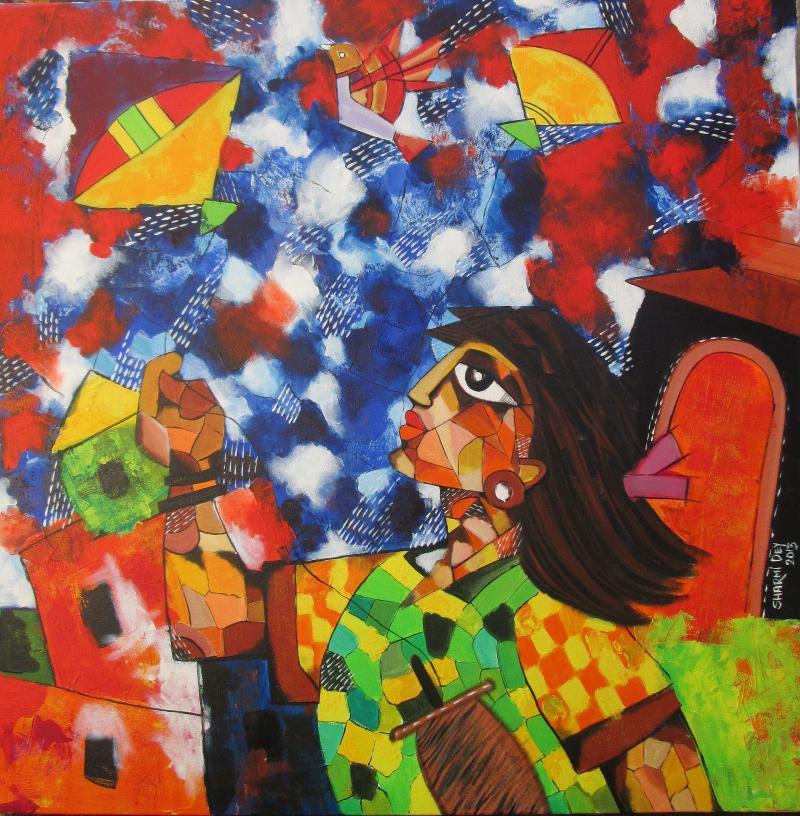 Figurative acrylic painting titled 'Kites', 30x30 inches, by artist Sharmi Dey on Canvas