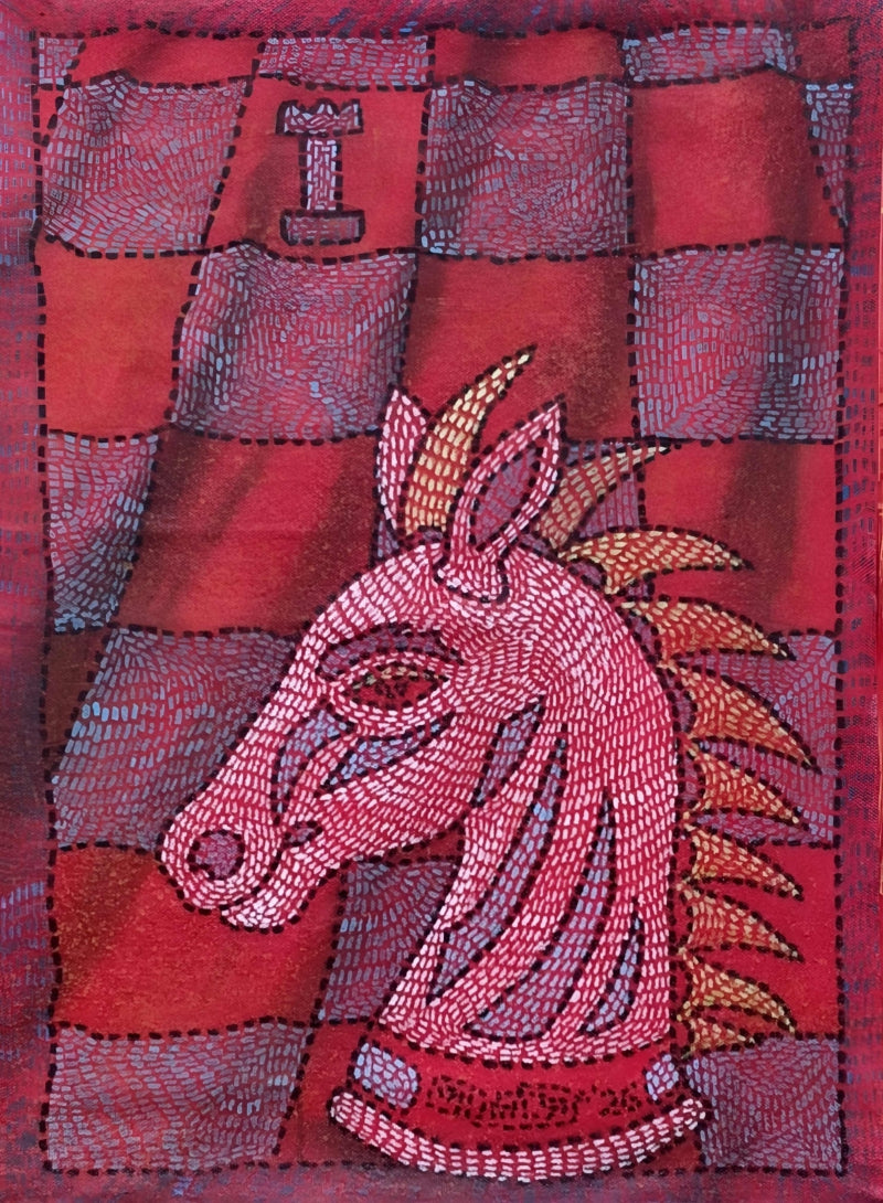 The Knight Gambit' contemporary acrylic painting by artist Prasenjit Nath, 17x12 inch, on canvas