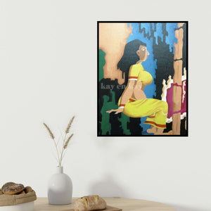 Narayanankutty Kasthuril's 'Knocking' painting visualized above a sofa in a contemporary room.