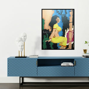 'Knocking' painting by Narayanankutty Kasthuril shown on a wall in a furnished room.