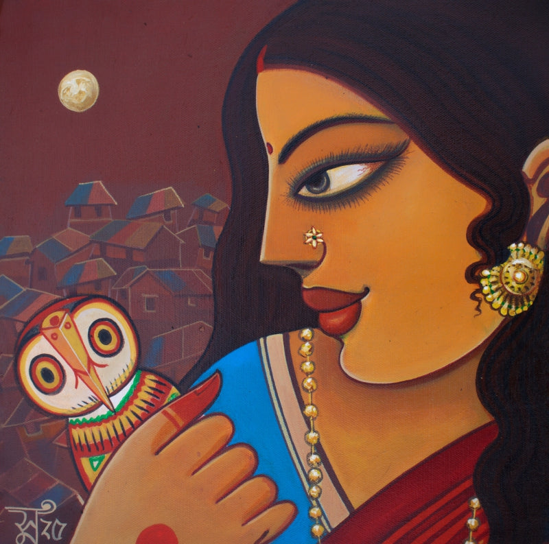 Kojagari' figurative acrylic painting by artist Sumon Naskar, 10x10 inch, on canvas