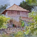Landscape watercolor painting titled 'Kokan House', 14x16 inches, by artist Riyaj Shikalgar on Paper