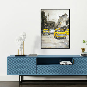 'Kolkata 22 (A Yellow Wave)' painting by Raju Sarkar shown on a wall in a furnished room.