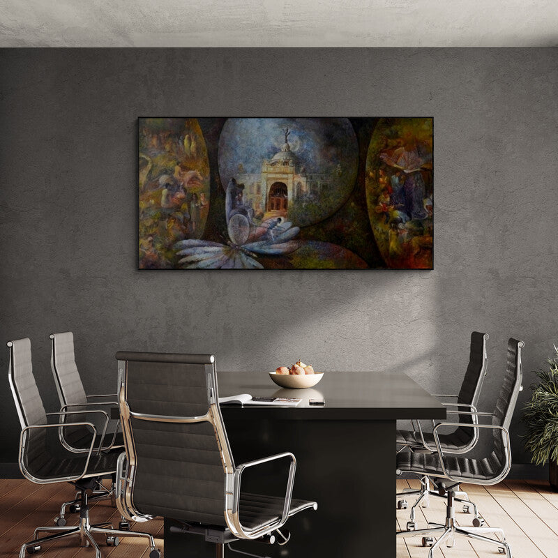 Preview of 'Kolkata 3 (The Gateway of Dreams)' Painting by Arun Jana shown on a wall in a furnished room.
