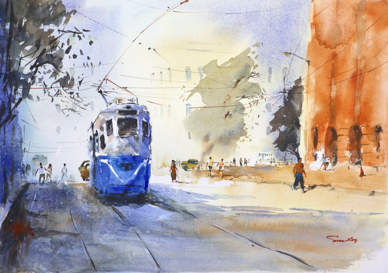 Kolkata Awakens' cityscape watercolor painting by artist Soven Roy, 14x20 inch, on paper