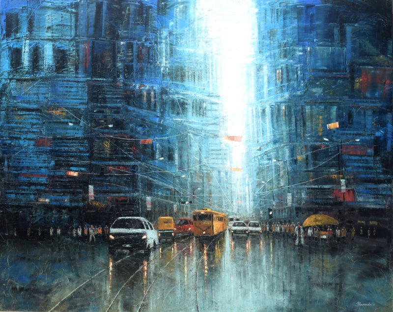 'Kolkata In Blue Rain' cityscape oil painting by artist Purnendu Mandal, 48x60 inch, on canvas