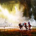 Cityscape acrylic painting titled 'Kolkata Horse Rider In Rainyday', 36x24 inches, by artist Arjun Das on Canvas