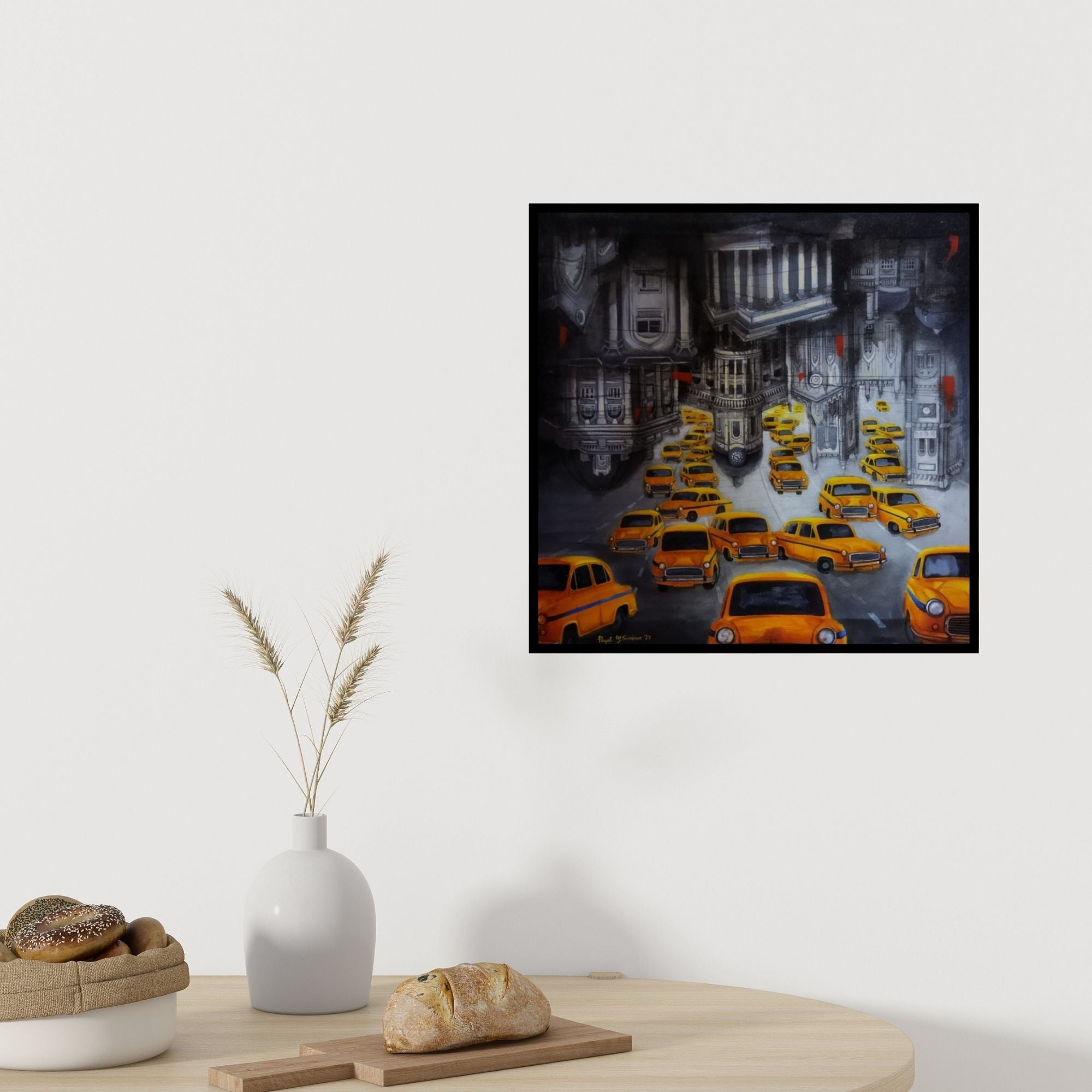 In-situ view of Payel Mitra Sarkar's 'Kolkata My City 10 (Kolkata Cityscape with Taxis)' painting in a room