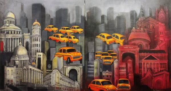Kolkata My City 11 (Diptych) Painting by Payel Mitra Sarkar | ArtZolo.com