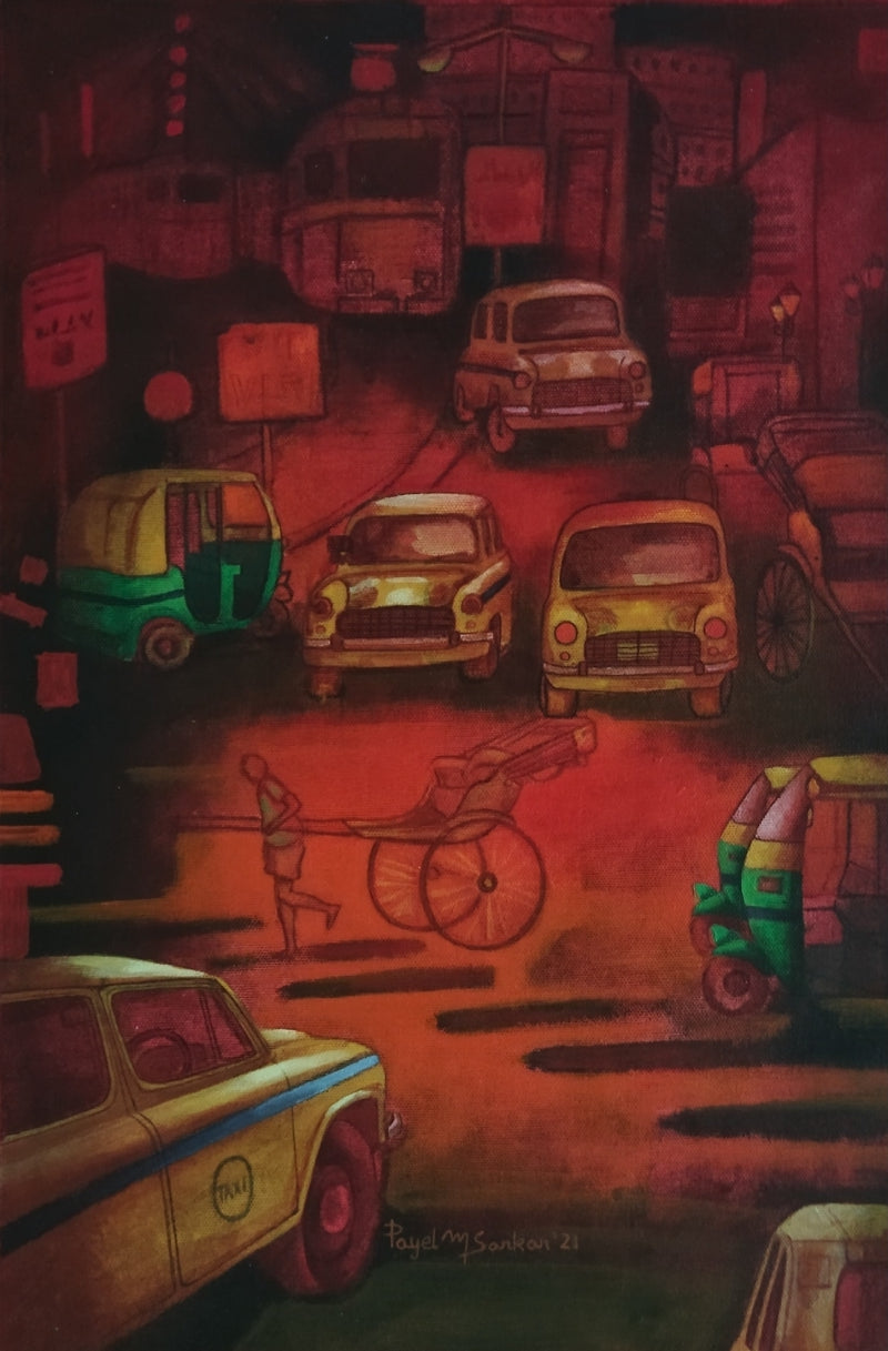 Cityscape acrylic-charcoal painting titled 'Kolkata My City 2', 18x12 inch, by artist Payel Mitra Sarkar on Canvas