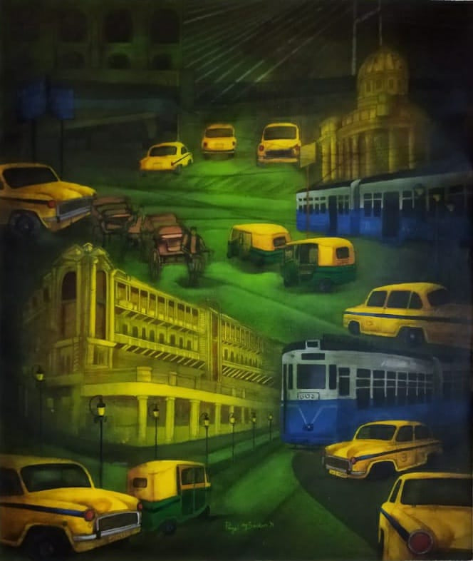 Kolkata My City 2' cityscape acrylic painting by artist Payel Mitra Sarkar, 20x20 inch, on canvas