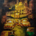 Cityscape acrylic-charcoal painting titled 'Kolkata My City 3', 13x10 inch, by artist Payel Mitra Sarkar on Canvas