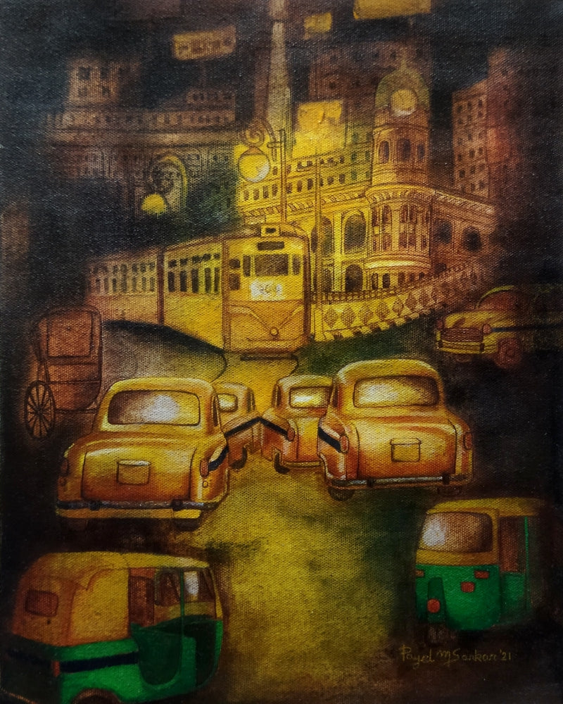 Cityscape acrylic-charcoal painting titled 'Kolkata My City 3', 13x10 inch, by artist Payel Mitra Sarkar on Canvas