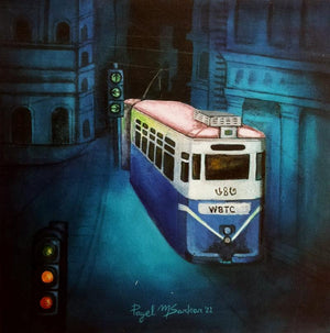 Cityscape acrylic painting titled 'Kolkata My City 7', 10x10 inches, by artist Payel Mitra Sarkar on Canvas