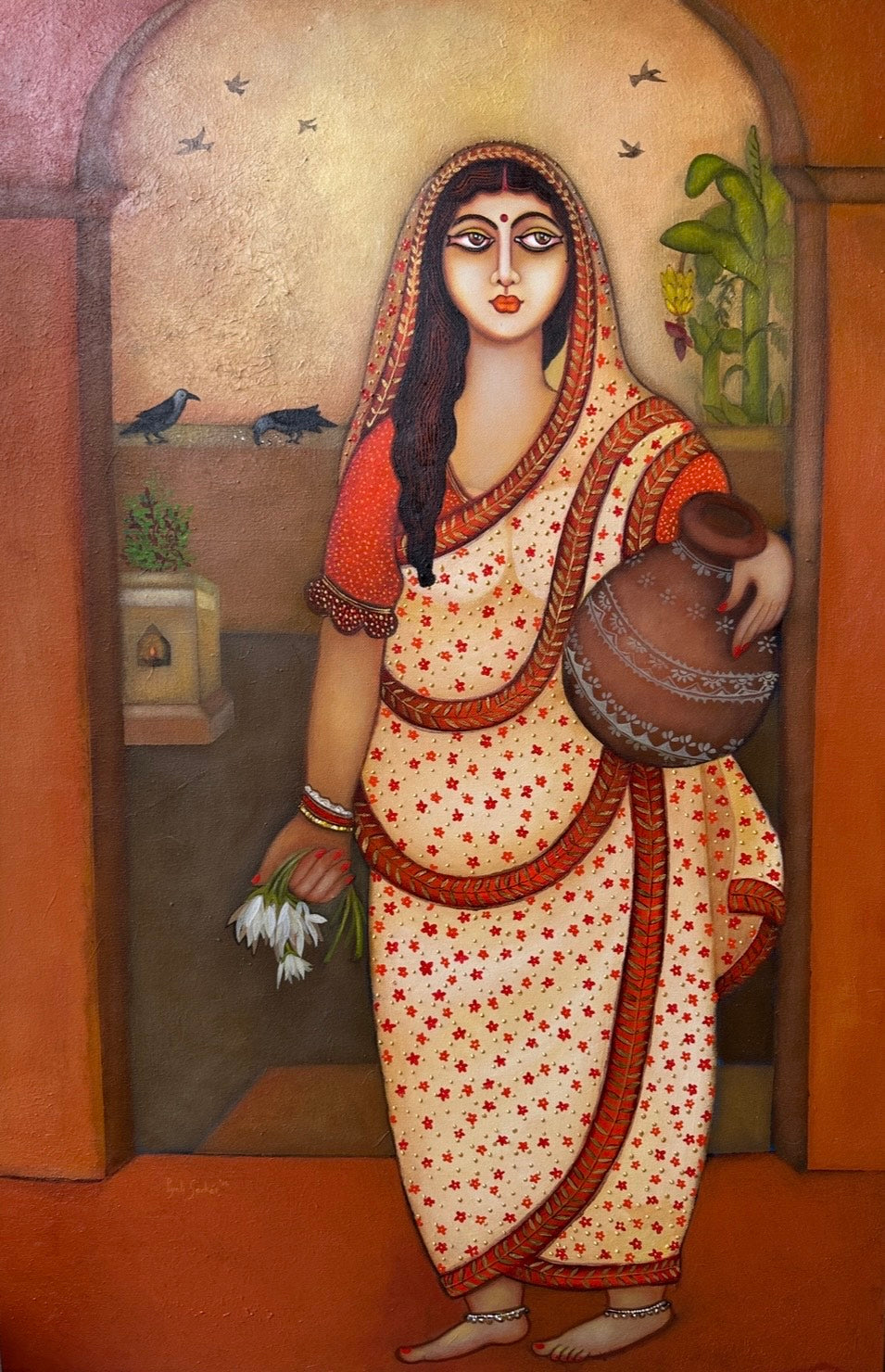 'Kolkata Nostalgia' figurative acrylic painting by artist Piyali Sarkar, 36x24 inch, on canvas