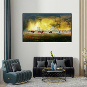 Arjun Das's 'Kolkata Polo' painting visualized above a sofa in a contemporary room.