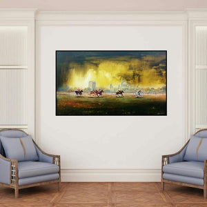 'Kolkata Polo' painting by Arjun Das shown on a wall in a furnished room.