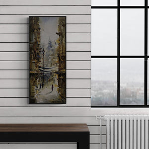 Preview of 'Kolkata Streets 1 (A Glimpse of Kolkata)' Painting by Ashif Hossain shown on a wall in a furnished room.