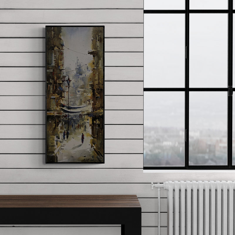 Preview of 'Kolkata Streets 1 (A Glimpse of Kolkata)' Painting by Ashif Hossain shown on a wall in a furnished room.