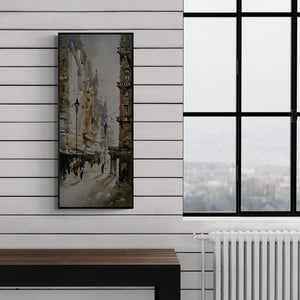 Preview of 'Kolkata Streets 2 (Dawn in Kolkata)' Painting by Ashif Hossain shown on a wall in a furnished room.